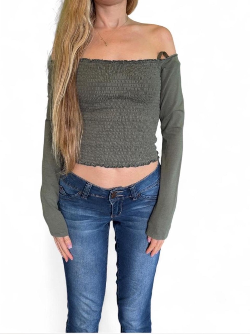 Hollister OD green off shoulder tee 
Ribbed tube top with long sleeves